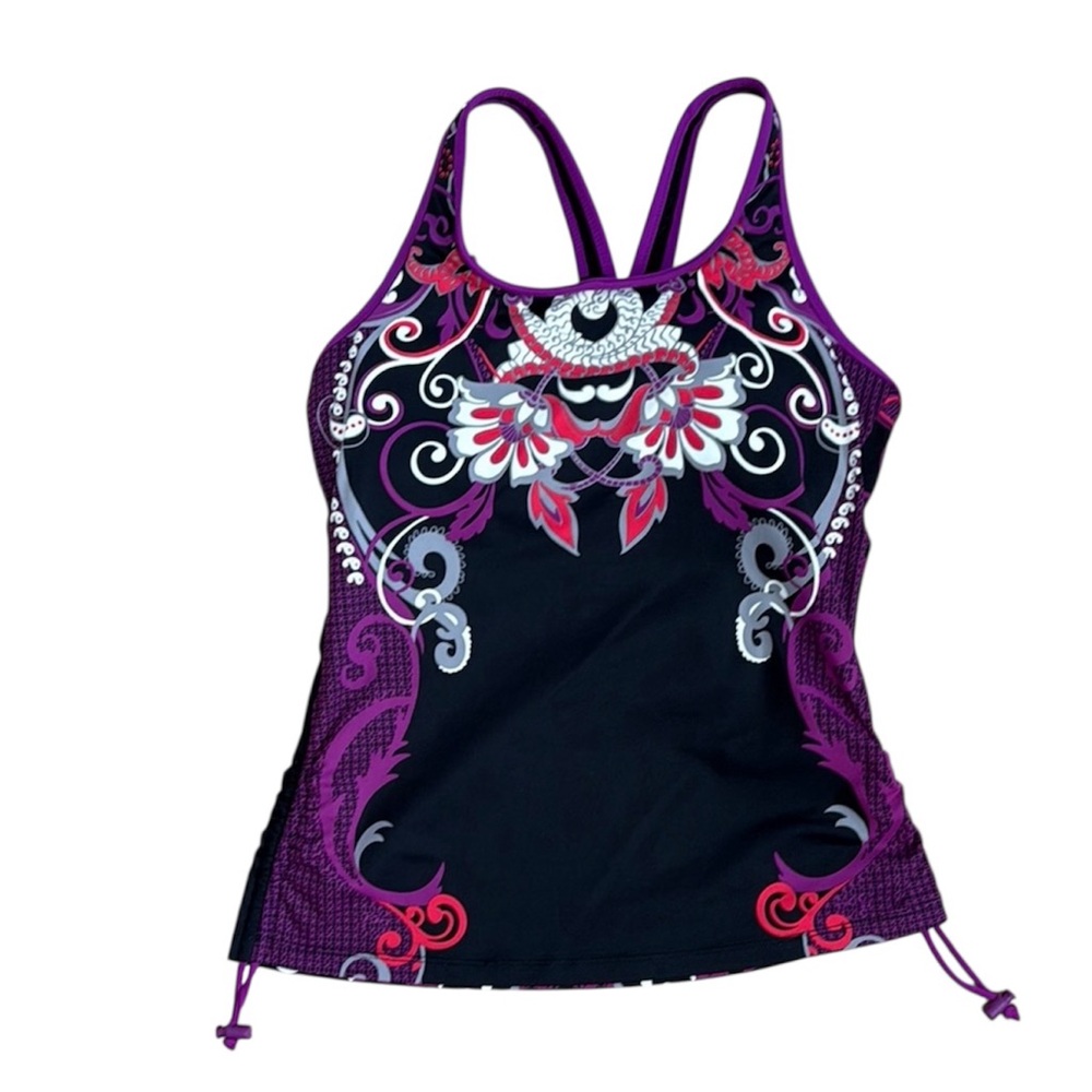 Athleta Purple Black Pink Print Adjustable Ruched Tankini Swim Top Built In Bra - Picture 1 of 9